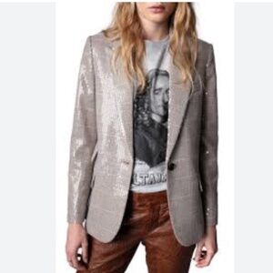 NEW Zadig & Voltaire Marron Venus Car Sequin Plaid Brown Blazer Size 36
